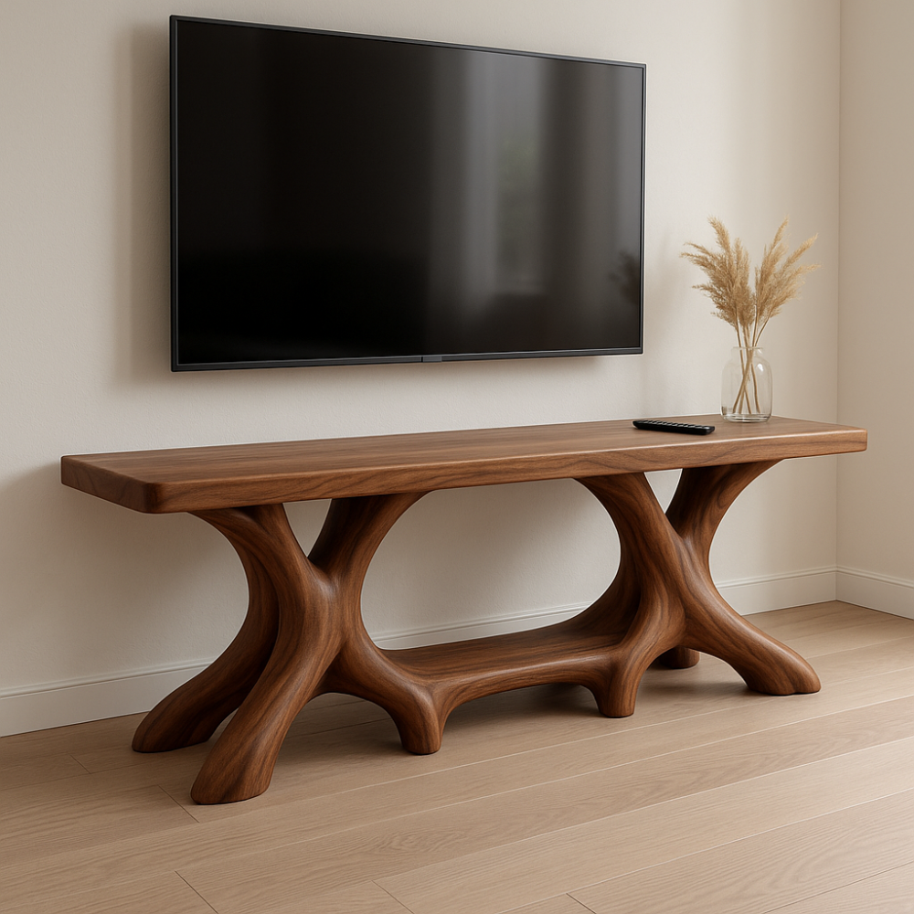 Handcrafted Solid Wood TV Stand – Modern Organic Furniture with Sculptural Curved Base Lynnsnail