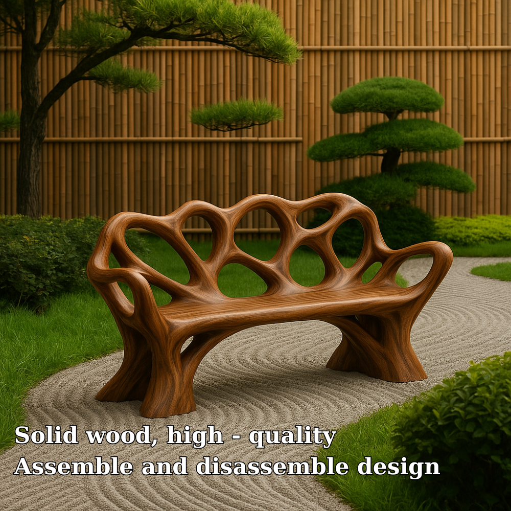 Handcrafted Solid Wood Bench with Backrest – Artistic Organic Design for Garden or Patio Lynnsnail