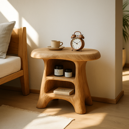 Handcrafted Solid Wood Nightstand – Organic Curved Bedside Table with Open Storage Lynnsnail