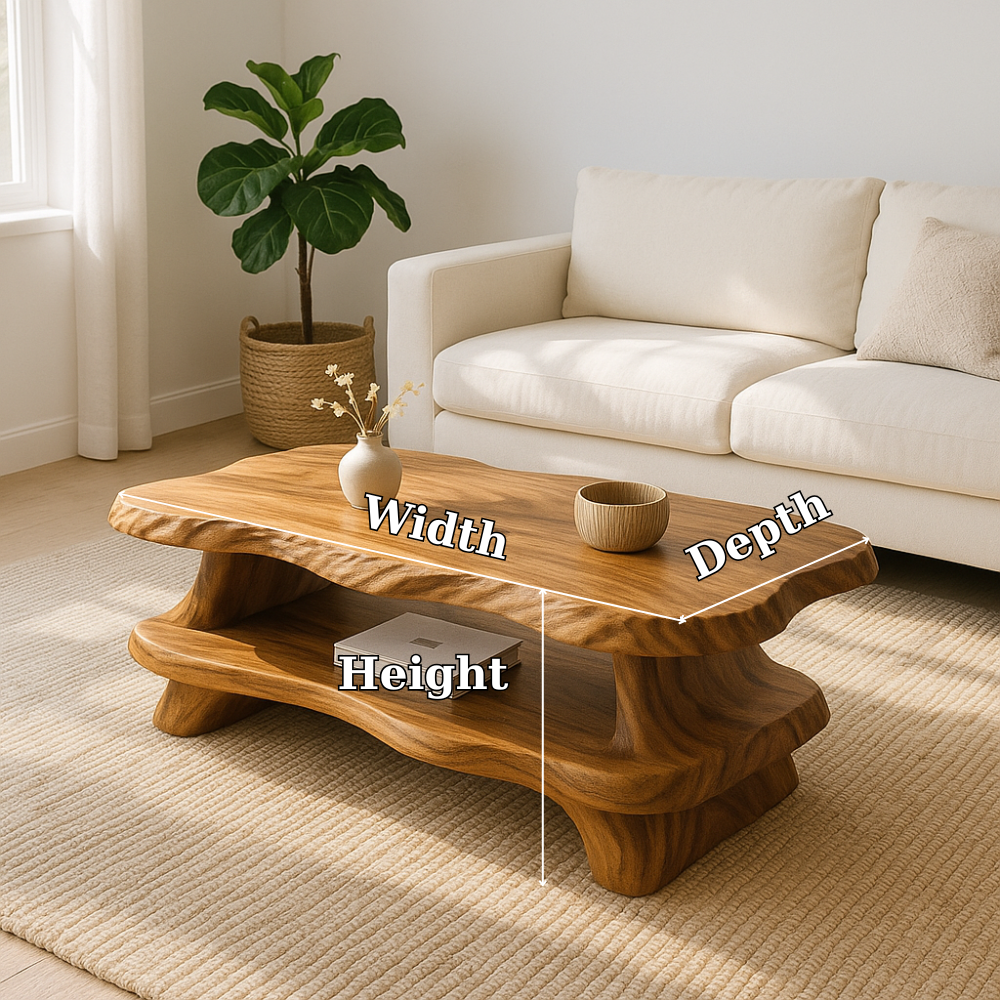 Handcrafted Solid Wood Coffee Table – Organic Live-Edge Design with Sculpted Double Shelf Lynnsnail