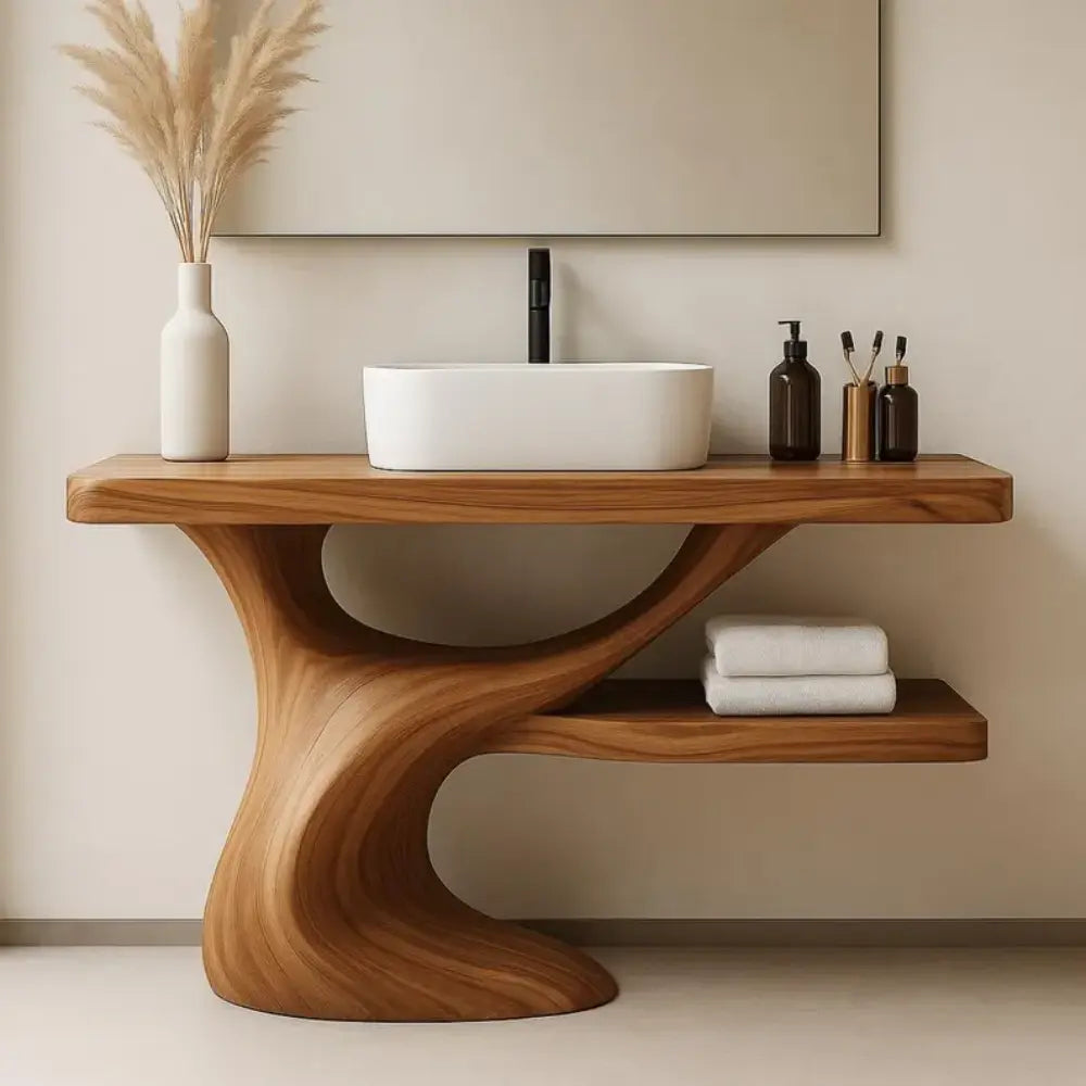 Handcrafted Solid Wood Bathroom Vanity with Curved Organic Base – Modern Minimalist Design Lynnsnail