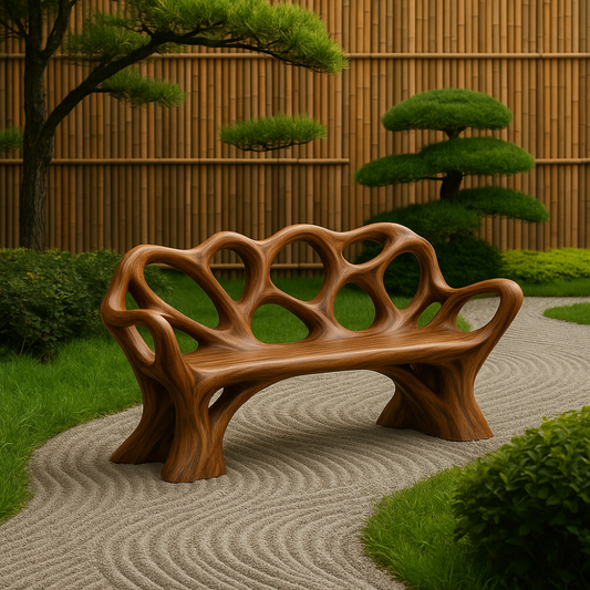 Handcrafted Solid Wood Bench with Backrest – Artistic Organic Design for Garden or Patio Lynnsnail
