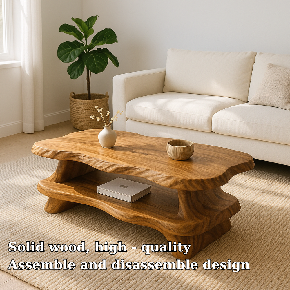 Handcrafted Solid Wood Coffee Table – Organic Live-Edge Design with Sculpted Double Shelf Lynnsnail