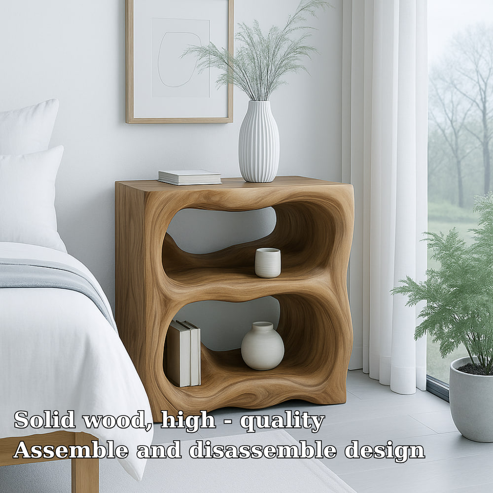 Handcrafted Solid Wood Nightstand – Sculptural Organic Bedside Table with Open Shelves Lynnsnail