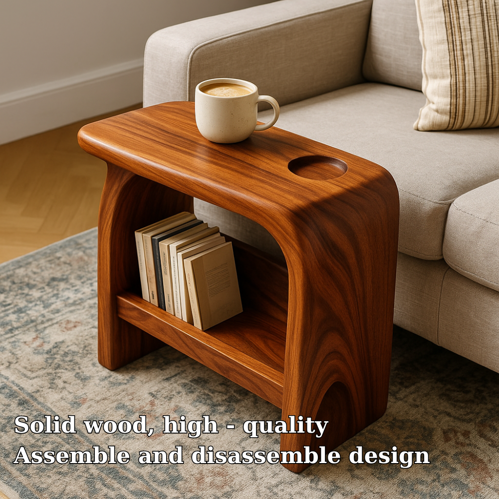 Handcrafted Solid Wood Armrest Table with Storage Shelf – Sculpted Organic Design Lynnsnail