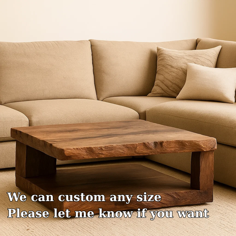 Handcrafted Solid Wood Coffee Table – Rustic Square Design with Natural Texture and Shelf Lynnsnail