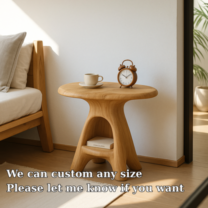 Handcrafted Solid Wood Nightstand – Sculpted Round Bedside Table with Open Storage Lynnsnail