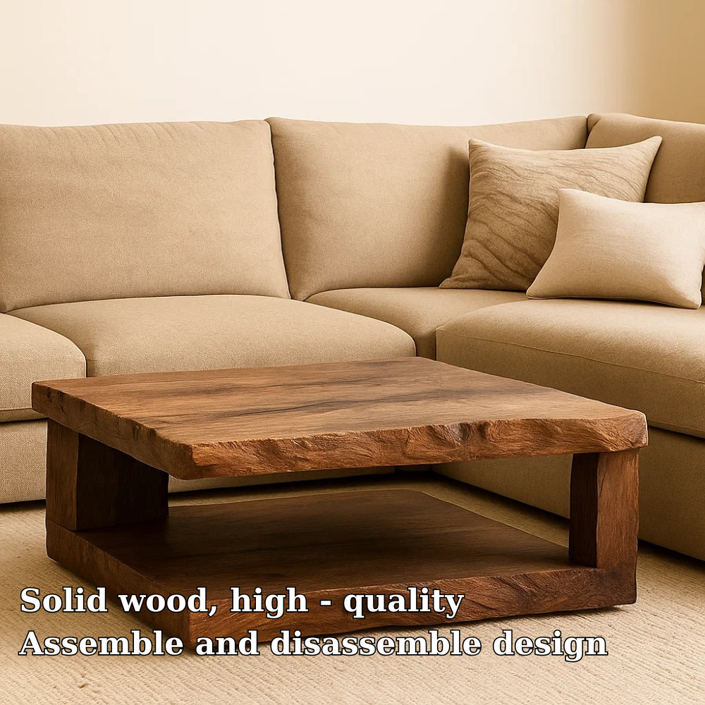 Handcrafted Solid Wood Coffee Table – Rustic Square Design with Natural Texture and Shelf Lynnsnail