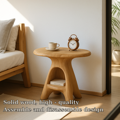 Handcrafted Solid Wood Nightstand – Sculpted Round Bedside Table with Open Storage Lynnsnail