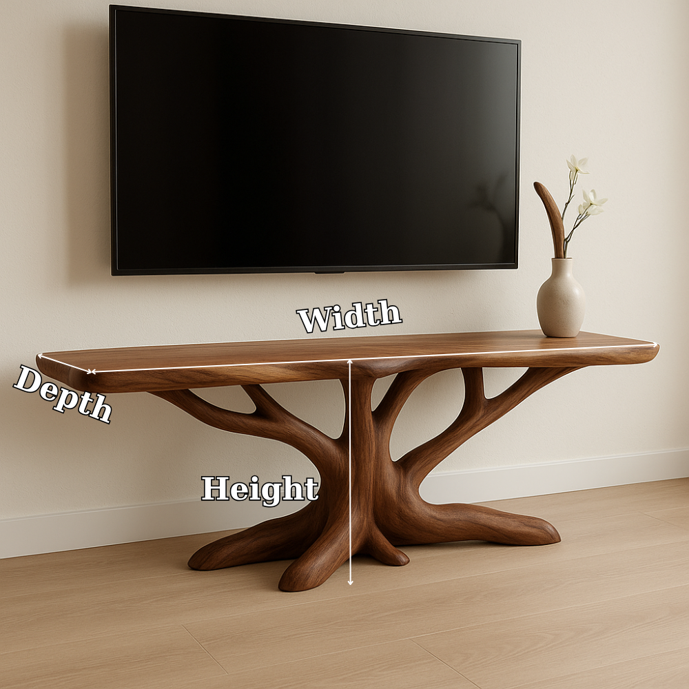 Handcrafted Solid Wood TV Stand – Modern Organic Design with Tree Branch Inspired Base Lynnsnail