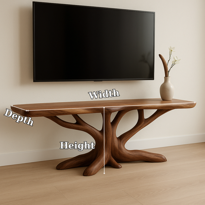 Handcrafted Solid Wood TV Stand – Modern Organic Design with Tree Branch Inspired Base Lynnsnail