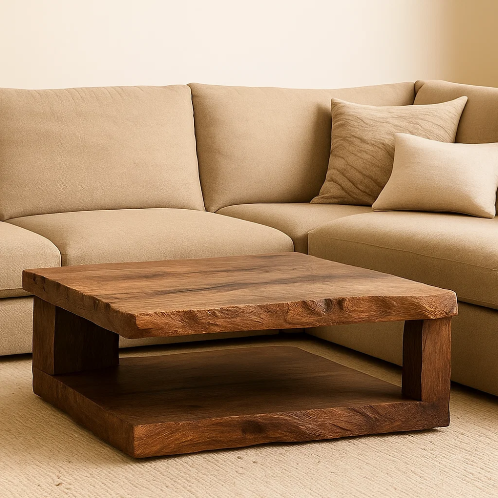 Handcrafted Solid Wood Coffee Table – Rustic Square Design with Natural Texture and Shelf Lynnsnail