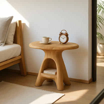 Handcrafted Solid Wood Nightstand – Sculpted Round Bedside Table with Open Storage Lynnsnail