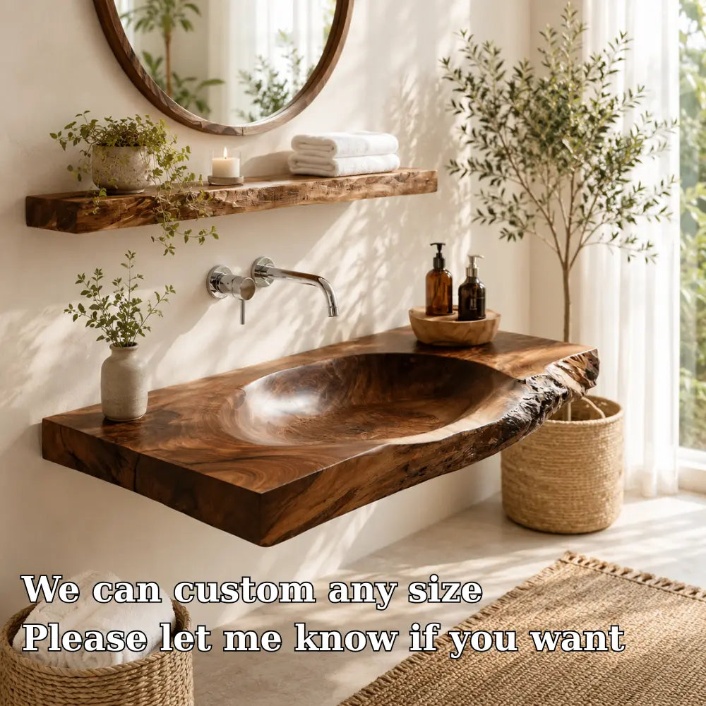 Live Edge Vanity & Shelf Set | Solid Wood Carved Sink Floating Bathroom Lynnsnail