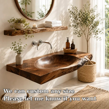 Live Edge Vanity & Shelf Set | Solid Wood Carved Sink Floating Bathroom Lynnsnail