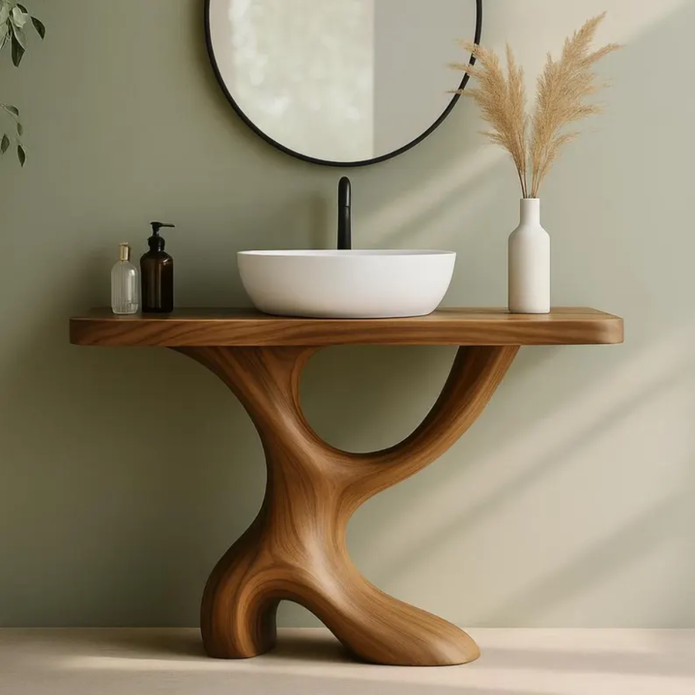 Handcrafted Solid Wood Bathroom Vanity with Sculptural Curved Base – Modern Organic Design Lynnsnail