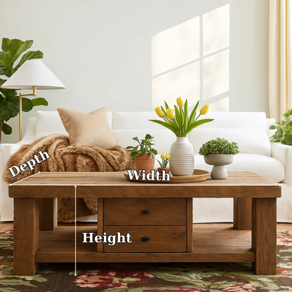 Handcrafted Solid Wood Coffee Table – Rustic Farmhouse Design with Drawers and Open Shelf Lynnsnail