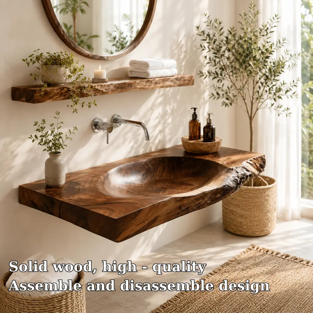 Live Edge Vanity & Shelf Set | Solid Wood Carved Sink Floating Bathroom Lynnsnail