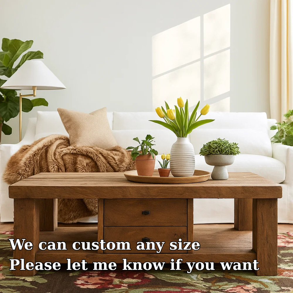 Handcrafted Solid Wood Coffee Table – Rustic Farmhouse Design with Drawers and Open Shelf Lynnsnail