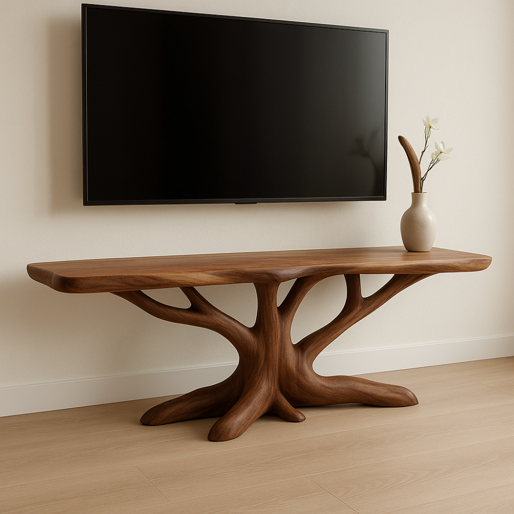 Handcrafted Solid Wood TV Stand – Modern Organic Design with Tree Branch Inspired Base Lynnsnail