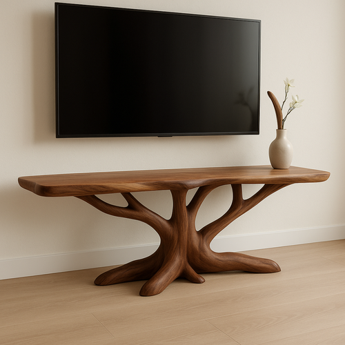 Handcrafted Solid Wood TV Stand – Modern Organic Design with Tree Branch Inspired Base Lynnsnail