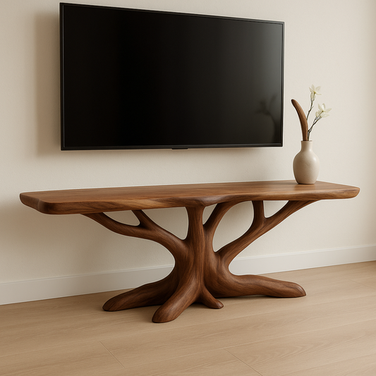 Handcrafted Solid Wood TV Stand – Modern Organic Design with Tree Branch Inspired Base Lynnsnail