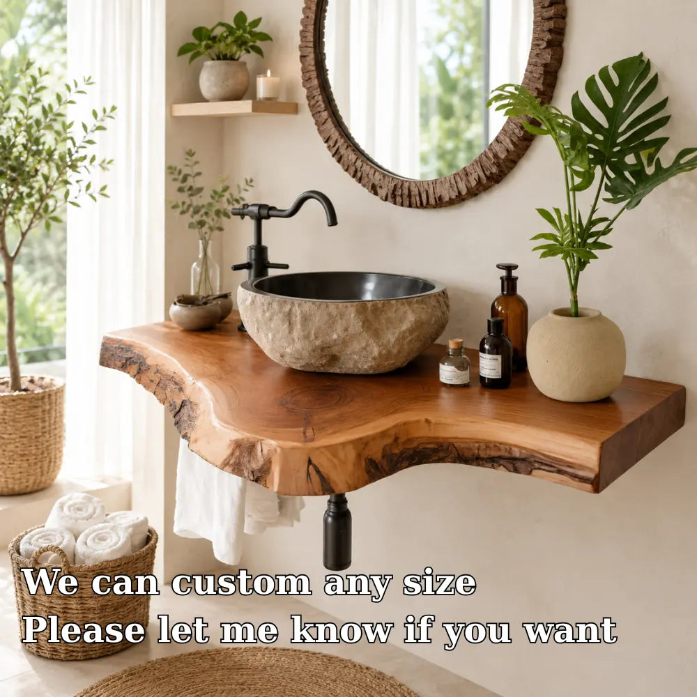 Live Edge Epoxy Vanity Shelf | Asymmetric Solid Wood Floating Bathroom Counter Lynnsnail