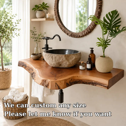 Live Edge Epoxy Vanity Shelf | Asymmetric Solid Wood Floating Bathroom Counter Lynnsnail