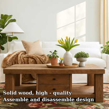 Handcrafted Solid Wood Coffee Table – Rustic Farmhouse Design with Drawers and Open Shelf Lynnsnail