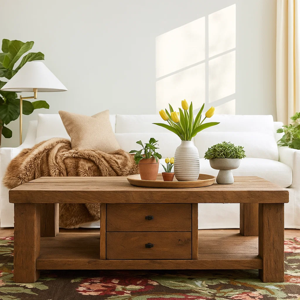 Handcrafted Solid Wood Coffee Table – Rustic Farmhouse Design with Drawers and Open Shelf Lynnsnail