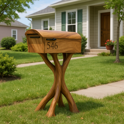Handcrafted Solid Wood Mailbox with Sculpted Organic Base for Modern Home Exteriors