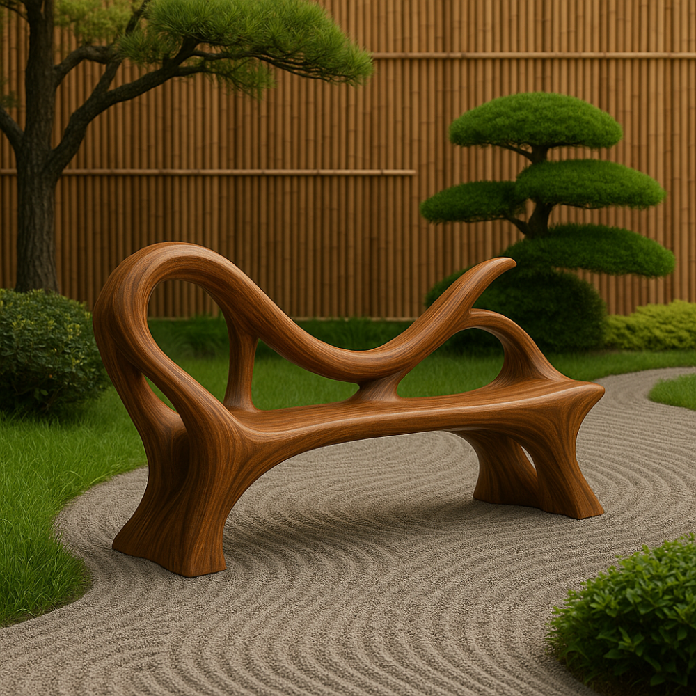 Handcrafted Solid Wood Bench with Backrest – Artistic Sculptural Organic Form Seating Lynnsnail