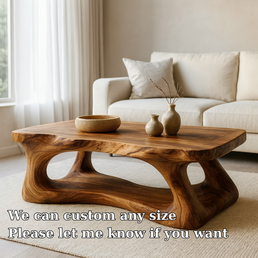 Handcrafted Solid Wood Coffee Table with Organic Sculptural Base, Modern Natural Center Table for Living Room, Luxury Artisan Wooden Furniture Lynnsnail