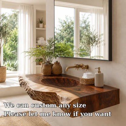 Live Edge Carved Sink Vanity | Thick Slab Solid Wood Floating Bathroom Lynnsnail