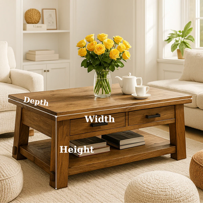 Handcrafted Solid Wood Coffee Table – Rustic Modern Center Table with A-Frame Legs, Drawers, and Shelf for Cozy Living Room Lynnsnail