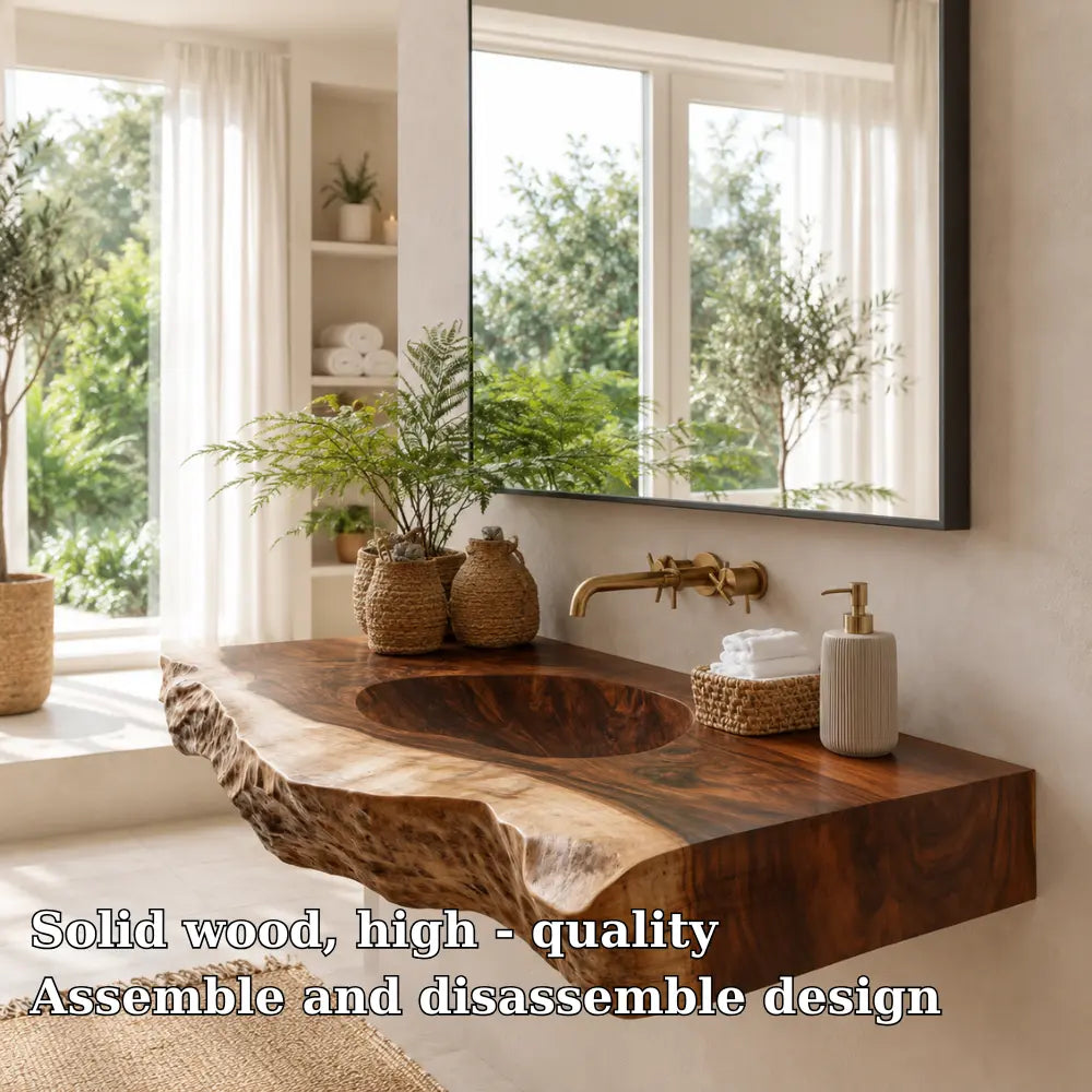 Live Edge Carved Sink Vanity | Thick Slab Solid Wood Floating Bathroom Lynnsnail