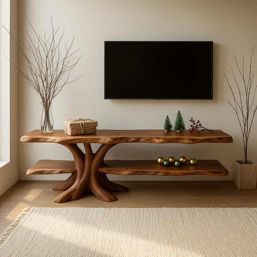 Handcrafted Solid Wood TV Stand – Tree Root Inspired Design with Natural Rustic Elegance Lynnsnail