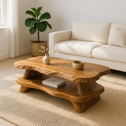 Handcrafted Solid Wood Coffee Table – Organic Live-Edge Design with Sculpted Double Shelf Lynnsnail