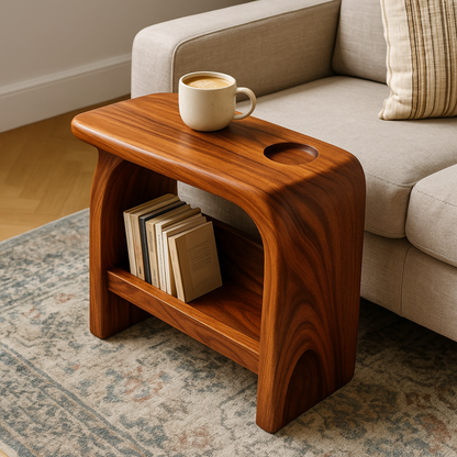 Handcrafted Solid Wood Armrest Table with Storage Shelf – Sculpted Organic Design Lynnsnail