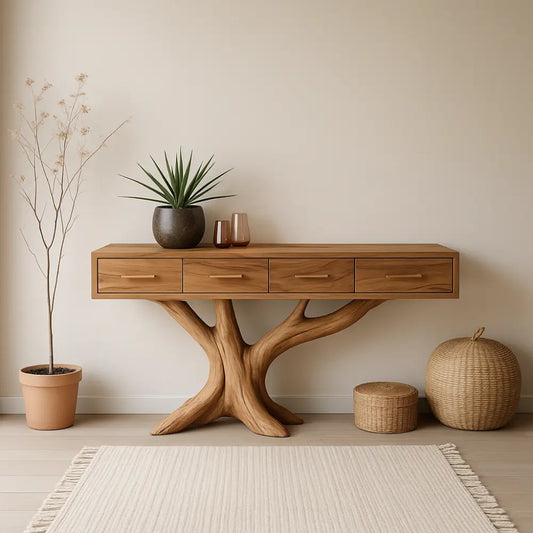 Handcrafted Solid Wood Console Table with Branch-Inspired Base – Modern Organic Entryway Decor Lynnsnail
