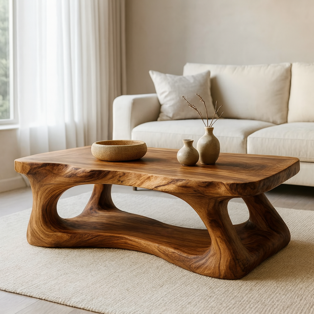 Handcrafted Solid Wood Coffee Table with Organic Sculptural Base, Modern Natural Center Table for Living Room, Luxury Artisan Wooden Furniture Lynnsnail