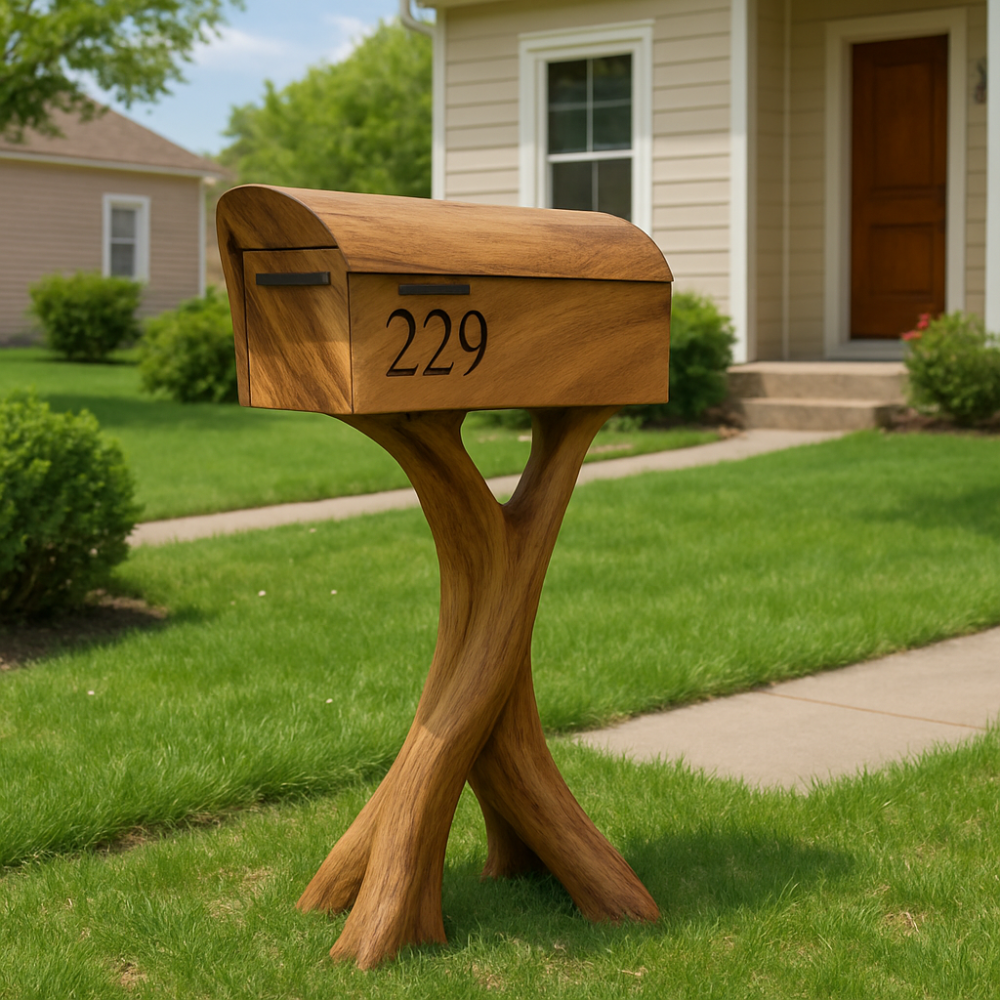 Handcrafted Solid Wood Mailbox with Sculptural Base – Luxury Outdoor Post Box Lynnsnail