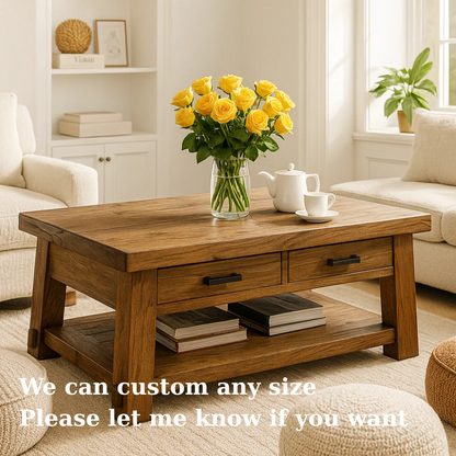 Handcrafted Solid Wood Coffee Table – Rustic Modern Center Table with A-Frame Legs, Drawers, and Shelf for Cozy Living Room Lynnsnail