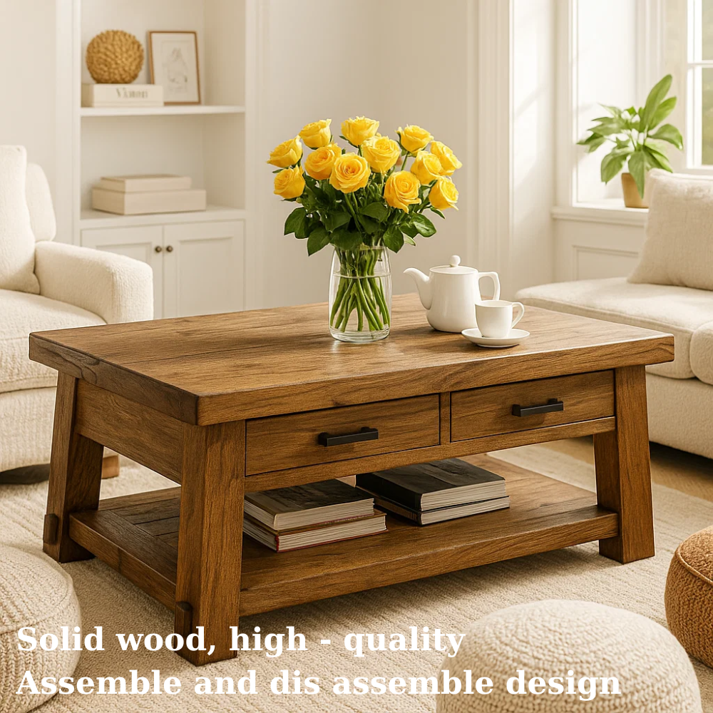 Handcrafted Solid Wood Coffee Table – Rustic Modern Center Table with A-Frame Legs, Drawers, and Shelf for Cozy Living Room Lynnsnail