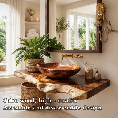 Live Edge Vanity with Wood Vessel Sink | Solid Wood Floating Bathroom Set Lynnsnail