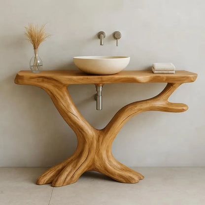 Handcrafted Solid Wood Bathroom Vanity with Natural Tree Shape – Organic Modern Design Lynnsnail