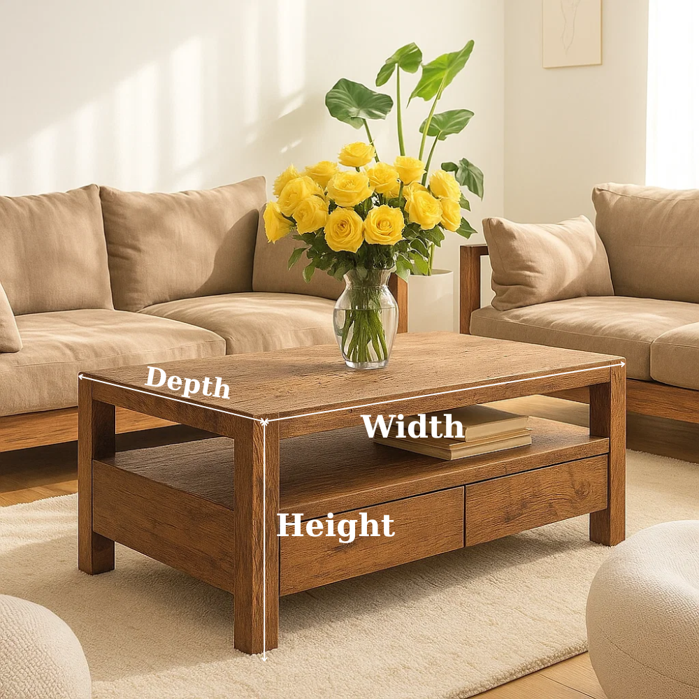 Handcrafted Solid Wood Coffee Table – Modern Rustic Center Table with Drawers and Open Shelf for Minimalist Living Room Décor Lynnsnail
