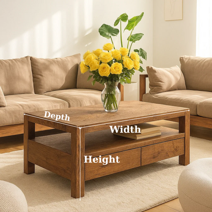 Handcrafted Solid Wood Coffee Table – Modern Rustic Center Table with Drawers and Open Shelf for Minimalist Living Room Décor Lynnsnail