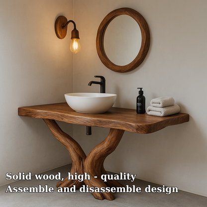 Handcrafted Solid Wood Bathroom Vanity – Rustic Natural Design with Curved Root Base Lynnsnail