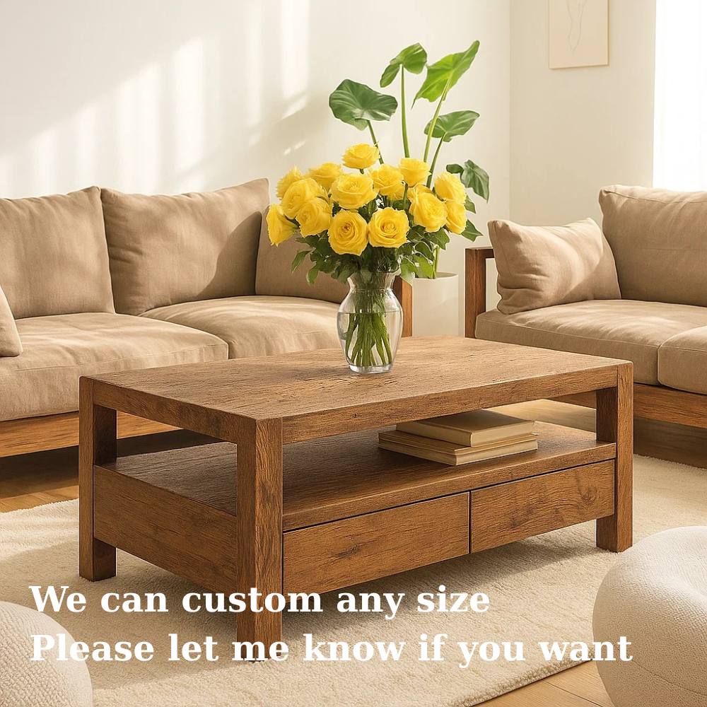 Handcrafted Solid Wood Coffee Table – Modern Rustic Center Table with Drawers and Open Shelf for Minimalist Living Room Décor Lynnsnail